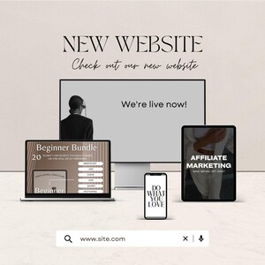 Könnte beinhalten: Ein Werbebild mit dem Text "NEW WEBSITE" und "Check out our new website." Es zeigt einen Computermonitor, einen Laptop, ein Tablet und ein Smartphone. Der Laptop zeigt "Beginner Bundle", und das Tablet zeigt "AFFILIATE MARKETING."
