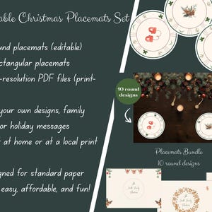 Könnte beinhalten: Druckbares Weihnachts-Platzset. Das Bild zeigt ein Set mit 10 runden und 5 rechteckigen Platzsets. Die Platzsets sind editierbar und werden in hochauflösenden PDF-Dateien geliefert. Sie können Ihre eigenen Designs hinzufügen.