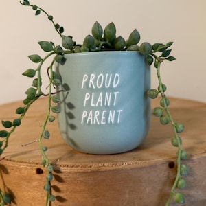 May include: A light blue ceramic planter with the text "Proud Plant Parent" in white lettering. A small green succulent plant is growing in the planter.