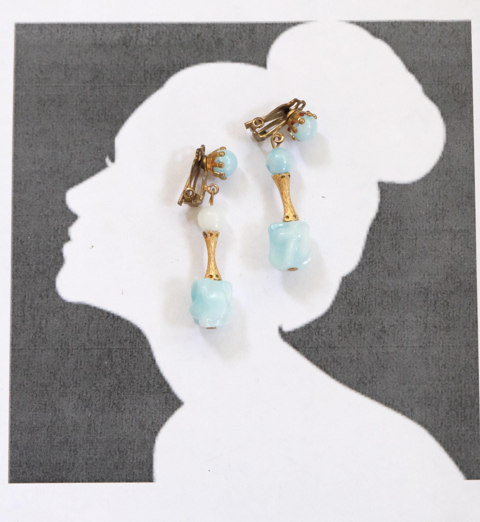 1960's Vintage Light Blue Plastic Beads Clip-On Dangle Drop Earrings
