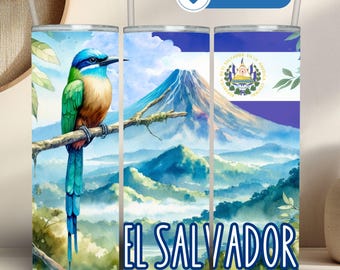 El Salvador Sublimation Tumbler PNG 20 Oz Skinny Tumbler Wrap El Salvador Flag PNG Proud Salvadorena Guanaco Tumbler Central America Trip