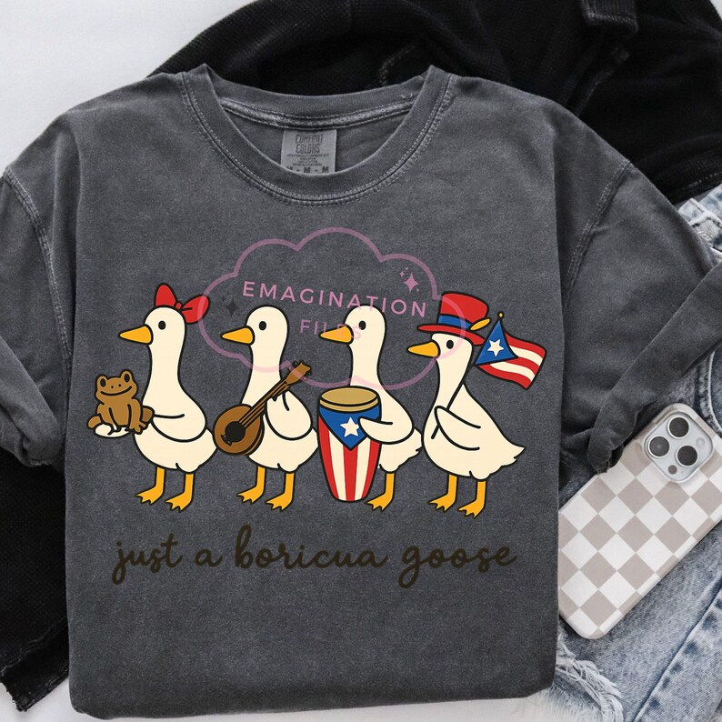 May include: Dark grey sweatshirt featuring a whimsical illustration of four geese playing musical instruments and holding a frog and a Puerto Rican flag. The text "EMAGINATION FIL" is above the geese, and "just a boricua goose" is below.