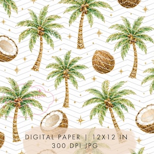May include: Digital paper with a repeating pattern of palm trees, coconuts, and gold stars on a white and gray chevron background. The palm trees have green fronds and gold trunks. The coconuts are brown and gold. The text "DIGITAL PAPER | 12X12 IN" is at the bottom.