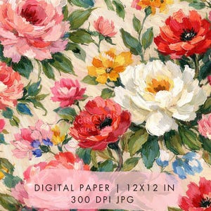 Puede incluir: Papel digital con un patrón floral. La imagen muestra una variedad de flores en tonos rosa, rojo, amarillo y blanco, con hojas verdes. El texto "DIGITAL PAPER | 30.48x30.48 cm 300 DPI JPG" se muestra en la parte inferior.