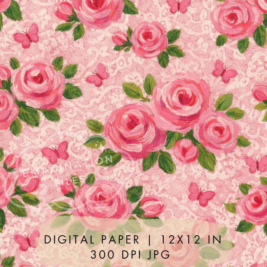 Pink Roses Digital Paper Floral Seamless Pattern Vintage Lace ...