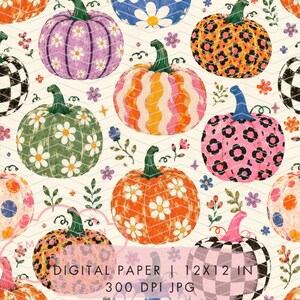 Può includere: Un motivo di carta digitale con varie zucche dal design diversificato, inclusi motivi a margherite, macchie di leopardo e quadri in colori come viola, arancione, verde e rosa, con il testo DIGITAL PAPER | 12X12 IN 300 DPI JPG.