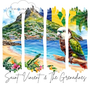 May include: A digital illustration of a tropical island scene with a beach, ocean, palm trees, and a parrot. The island's flag with yellow diamonds is visible in the background. The text "Saint Vincent & The Grenadines" is at the bottom of the image.