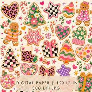 May include: A digital paper pattern featuring various Christmas-themed cookies and candies, including gingerbread people, decorated trees, hearts, stars, gift boxes, and stockings with leopard, floral, and checkered prints, with text reading DIGITAL PAPER | 12X12 IN 300 DPI JPG.