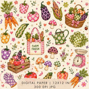 Peut inclure: Un papier numérique à motifs présentant une collection d'illustrations sur le thème de la ferme, incluant des carottes, des poivrons à carreaux, des aubergines, du maïs, des champignons, un panier, un sac marqué FARM FRESH, un arrosoir, une balance et des gants de jardinage.