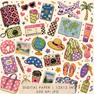 May include: A digital paper pattern featuring travel-themed illustrations including a leopard print suitcase, a chequered aeroplane, a passport, a world map, a globe, a camera, a sun hat, a backpack, flip-flops, and various travel accessories on a cream background.