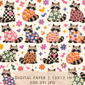May include: A digital paper pattern featuring repeating illustrations of raccoons wearing sweaters with various colorful prints, including checkers, daisies, hearts, and wavy lines, interspersed with small flowers and stars on a cream background.