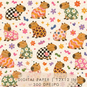 Può includere: Un motivo di carta digitale con diversi capibara che indossano vari abiti con motivi a scacchi, floreali, ondulati e leopardati, intervallati da fiori, cuori e stelle colorati su uno sfondo chiaro con testo nella parte inferiore.