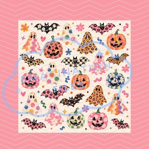 Funky Retro Ghosts Digital Paper Groovy Halloween Printable Bats Pumpkins Seamless Pattern image 2