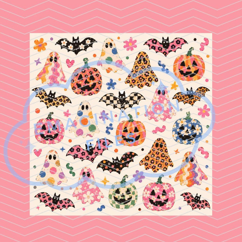Funky Retro Ghosts Digital Paper Groovy Halloween Printable Bats Pumpkins Seamless Pattern image 2