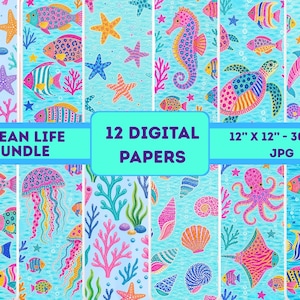 May include: A collection of 12 digital papers with an ocean life theme. The designs feature colorful illustrations of fish, seahorses, starfish, coral, and other marine life. Each paper is 12" x 12" at 300 DPI, perfect for various creative projects.
