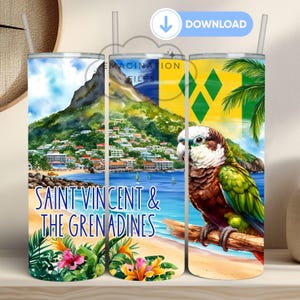 May include: A sublimation design featuring a tropical beach scene with a mountain in the background, palm trees, a parrot, and the text "Saint Vincent & The Grenadines".