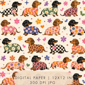 May include: A digital paper pattern featuring repeating illustrations of dachshunds wearing various colourful outfits, including checkered, floral, leopard, and wavy prints, interspersed with small flowers and hearts on a light cream background.