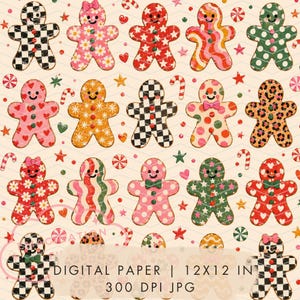 May include: A digital paper pattern featuring rows of gingerbread people with various colourful prints including checkerboard, leopard, floral, stars, and hearts, interspersed with small candy canes, stars, and hearts on a light background.