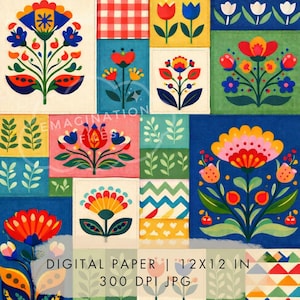 May include: A vibrant digital paper design with floral motifs arranged in squares. The artwork showcases stylized flowers in red, blue, yellow, and pink, set against blue, green, and white backgrounds. The text "DIGITAL PAPER | 12x12 IN 300 DPI JPG" is displayed.