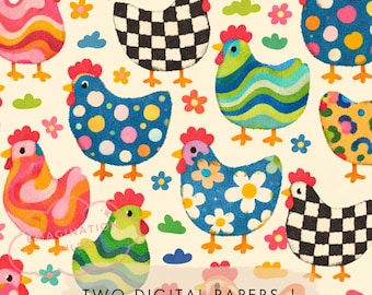 Funky Retro Chicken Digital Paper Groovy Printable Seamless Pattern