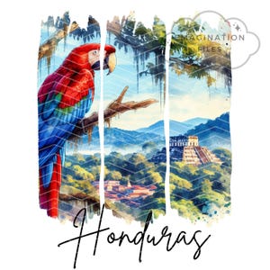 Honduras Sublimação PNG Copan Honduras Viagem 2025 Arara Escarlate Honduras Bandeira PNG Honduras Presente Honduras Férias 2025 Arte Pincelada