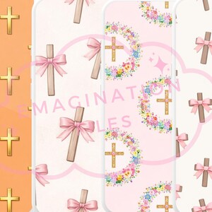 K&ouml;nnte beinhalten: Eine Sammlung digitaler Designs mit Kreuzen und Schleifen. Die Designs umfassen goldene Kreuze auf orangefarbenem Hintergrund, Holzkreuze mit rosa Schleifen und Kreuze, die von Blumenkr&auml;nzen auf rosa Hintergrund umgeben sind. Der Text "IMAGINATION FILES" ist sichtbar.