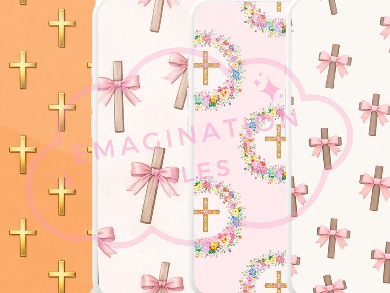 K&ouml;nnte beinhalten: Eine Sammlung digitaler Designs mit Kreuzen und Schleifen. Die Designs umfassen goldene Kreuze auf orangefarbenem Hintergrund, Holzkreuze mit rosa Schleifen und Kreuze, die von Blumenkr&auml;nzen auf rosa Hintergrund umgeben sind. Der Text "IMAGINATION FILES" ist sichtbar.