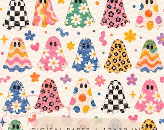 Funky Retro Ghosts Digital Paper Groovy Halloween Printable Fall Seamless Pattern