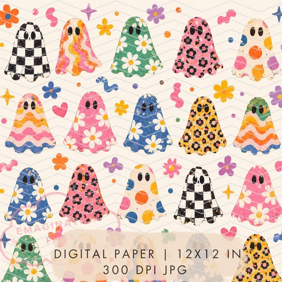 Funky Retro Ghosts Digital Paper Groovy Halloween Printable Fall Seamless Pattern