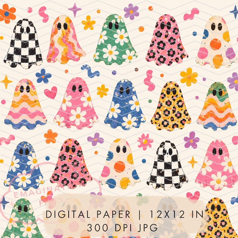 Funky Retro Ghosts Digital Paper Groovy Halloween Printable Fall Seamless Pattern image 1