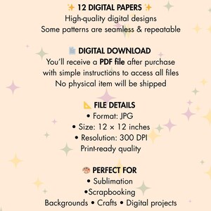 K&ouml;nnte beinhalten: Digitaler Download-Grafik mit Text: "12 DIGITALPAPIERE." Enth&auml;lt Dateidetails: JPG-Format, 30.48 x 30.48 cm, 300 DPI Aufl&ouml;sung. Perfekt f&uuml;r Sublimation, Scrapbooking, Basteln und digitale Projekte.