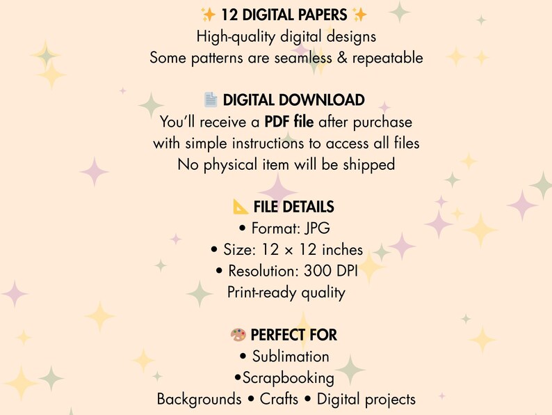 K&ouml;nnte beinhalten: Digitaler Download-Grafik mit Text: "12 DIGITALPAPIERE." Enth&auml;lt Dateidetails: JPG-Format, 30.48 x 30.48 cm, 300 DPI Aufl&ouml;sung. Perfekt f&uuml;r Sublimation, Scrapbooking, Basteln und digitale Projekte.