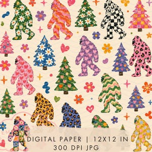 May include: A digital paper pattern featuring repeating illustrations of Bigfoot creatures and pine trees in various colorful prints, including floral, heart, leopard, and checkered designs, with small flowers and stars on a light cream background.