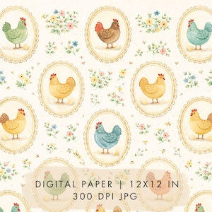 May include: Digital paper with a repeating pattern of watercolor chickens in oval frames. The chickens are in various colors, including green, brown, yellow, and blue, with red combs. The background is cream-colored with floral accents. The text reads "DIGITAL PAPER | 12x12 IN 300 DPI JPG".