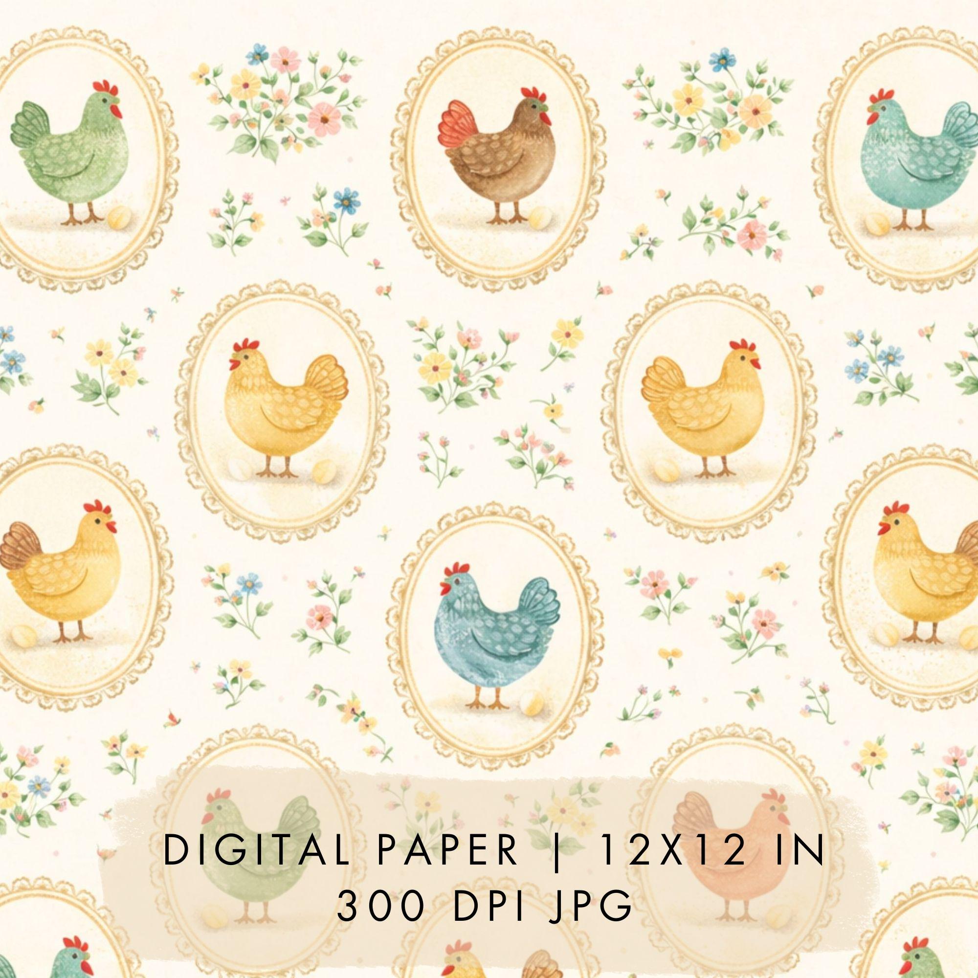 Chicken Floral Digital Paper Seamless Pattern Farmhouse Style (digital ...