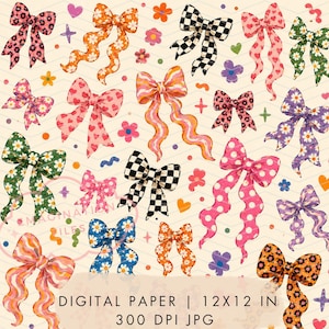 Puede incluir: Un patrón de papel digital con varios lazos de diversos estampados, incluyendo leopardo, cuadros, lunares y margaritas, intercalados con pequeños corazones, flores y estrellas sobre un fondo crema con el texto DIGITAL PAPER 12X12 IN 300 DPI JPG.