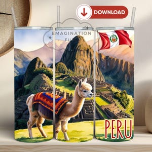 May include: A set of three stainless steel tumblers with a Peruvian theme. Each tumbler features a different image: an alpaca, Machu Picchu, and the Peruvian flag. The word "PERU" is printed on one tumbler.