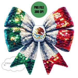 May include: A green, white, and red sequined bow with a Mexican flag emblem in the center. The bow is a festive decoration for celebrations.