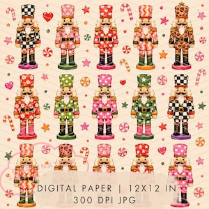 May include: A digital paper design featuring fifteen nutcracker figures in various patterns including checkers, hearts, flowers, stars, and leopard print. The background is decorated with small candy canes, hearts, and stars. Text reads: DIGITAL PAPER | 12X12 IN 300 DPI JPG.