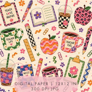 Funky Retro Teacher Digital Paper Groovy Printable Seamless Pattern