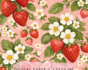 Modello senza cuciture di fiori di fragola con frutta estiva, carta digitale da scaricare