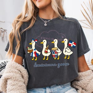 May include: Dark grey t-shirt with a cartoon design of four geese in Dominican Republic outfits. The geese are holding a drink, a bottle, a drum, and a flag. The shirt has the text "EMAGINATION FI" and "dominicana goose".