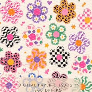 May include: A digital paper pattern featuring various stylized flowers with diverse textures including leopard print, zebra stripes, checkerboard, and wavy lines in vibrant colors like pink, orange, purple, green, and black on a cream background.