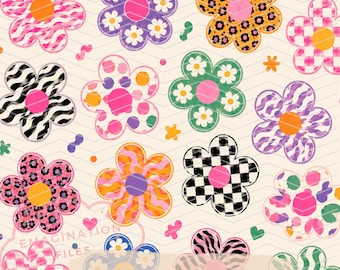 Funky Retro Flowers Digital Paper Groovy Printable Seamless Pattern