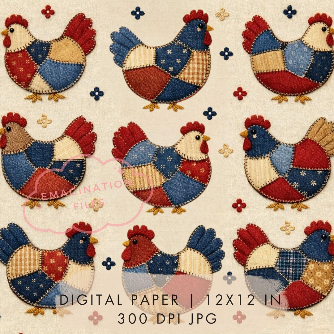 Patchwork Chicken Digital Paper Retro Printable Seamless Pattern - Etsy