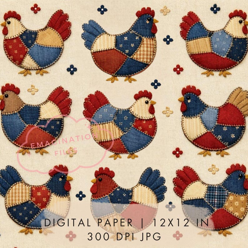 Patchwork Chicken Digital Paper Retro Printable Seamless Pattern - Etsy