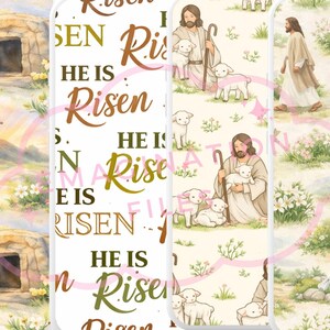 K&ouml;nnte beinhalten: Religi&ouml;se Lesezeichen mit Illustrationen von Jesus, L&auml;mmern und dem Text "Er ist auferstanden". Die Lesezeichen zeigen Bilder des leeren Grabes und Kreuze auf einem H&uuml;gel. Die Farbpalette umfasst Beige, Braun und Gr&uuml;n.