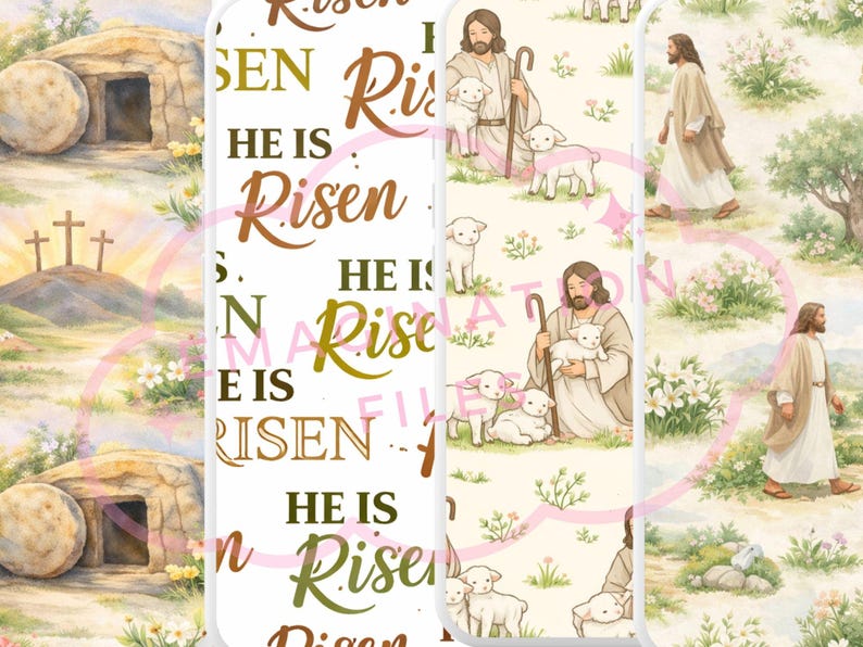 K&ouml;nnte beinhalten: Religi&ouml;se Lesezeichen mit Illustrationen von Jesus, L&auml;mmern und dem Text "Er ist auferstanden". Die Lesezeichen zeigen Bilder des leeren Grabes und Kreuze auf einem H&uuml;gel. Die Farbpalette umfasst Beige, Braun und Gr&uuml;n.