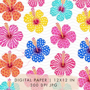 May include: A digital paper design featuring a repeating pattern of colorful hibiscus flowers. The flowers are in shades of orange, yellow, pink, blue, and turquoise, with detailed textures and patterns. The text "DIGITAL PAPER | 12X12 IN | 300 DPI JPG" is at the bottom.