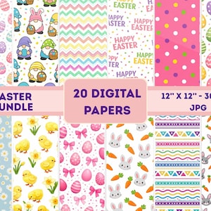 Op de afbeelding: Een digitale papierbundel met diverse paasthema's. Ontwerpen omvatten paaseieren, konijnen, kuikens, kabouters en bloempatronen. De tekst luidt "EASTER BUNDLE" en "20 DIGITAL PAPERS". De papieren zijn 30.48 cm x 30.48 cm groot.